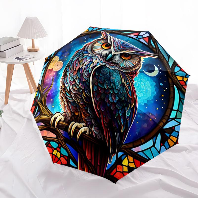 1pc Stained Glass Owl Design Automatic Opening Folding Umbrella with 8-Bone Iron Frame, Suitable for Fans, Travel, Daily Use, and Gift Giving.SS057