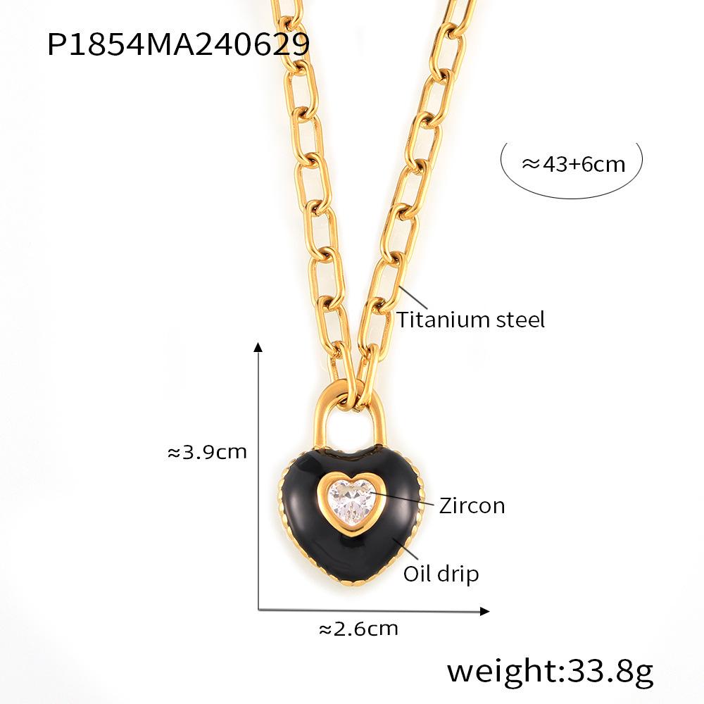 Hepburn Style Heart Enamel Zircon Pendant Necklace, 18k Gold-Plated Titanium Steel