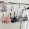 Vintage Tie-Dye Denim Underarm Bag Y2K Metal Buckle Pleated Commuting Versatile Handbag Crescent Small Shoulder Bag Tote Bag