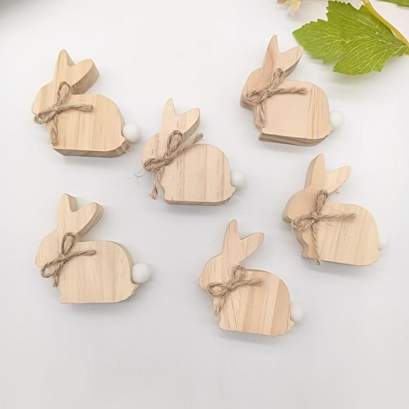 12pcs/6pcs Easter Rabbit Ornaments Home Crafts Rabbit Decorative Ornaments Cute Wooden 3D Rabbit with Bow and Tail