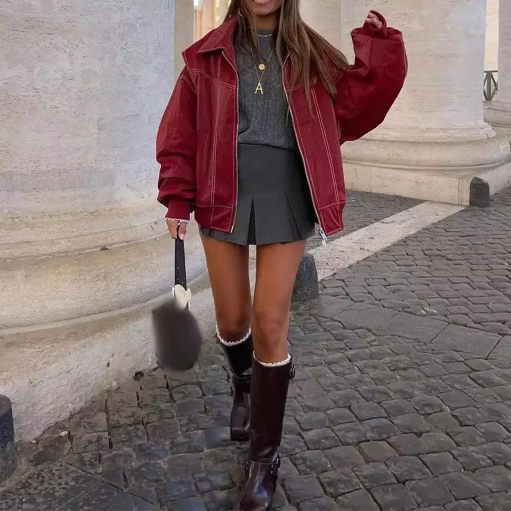 Wine Red Women Leather Jackets Fashion Lapel Long Sleeve Zipper Pockets Bomber Jacket Coats Lady Casual Outerwear