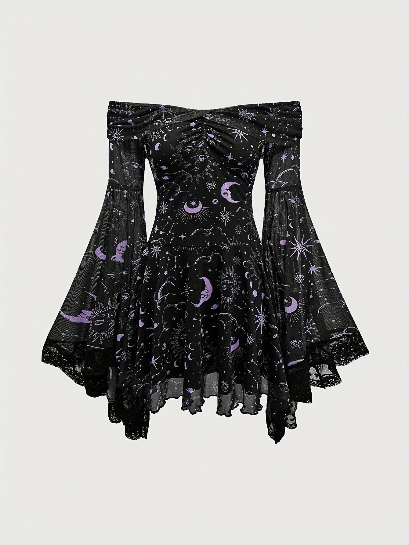 

Women s Off Shoulder Flare Sleeve Celestial Print Mini Dress Black XXL лавандовий