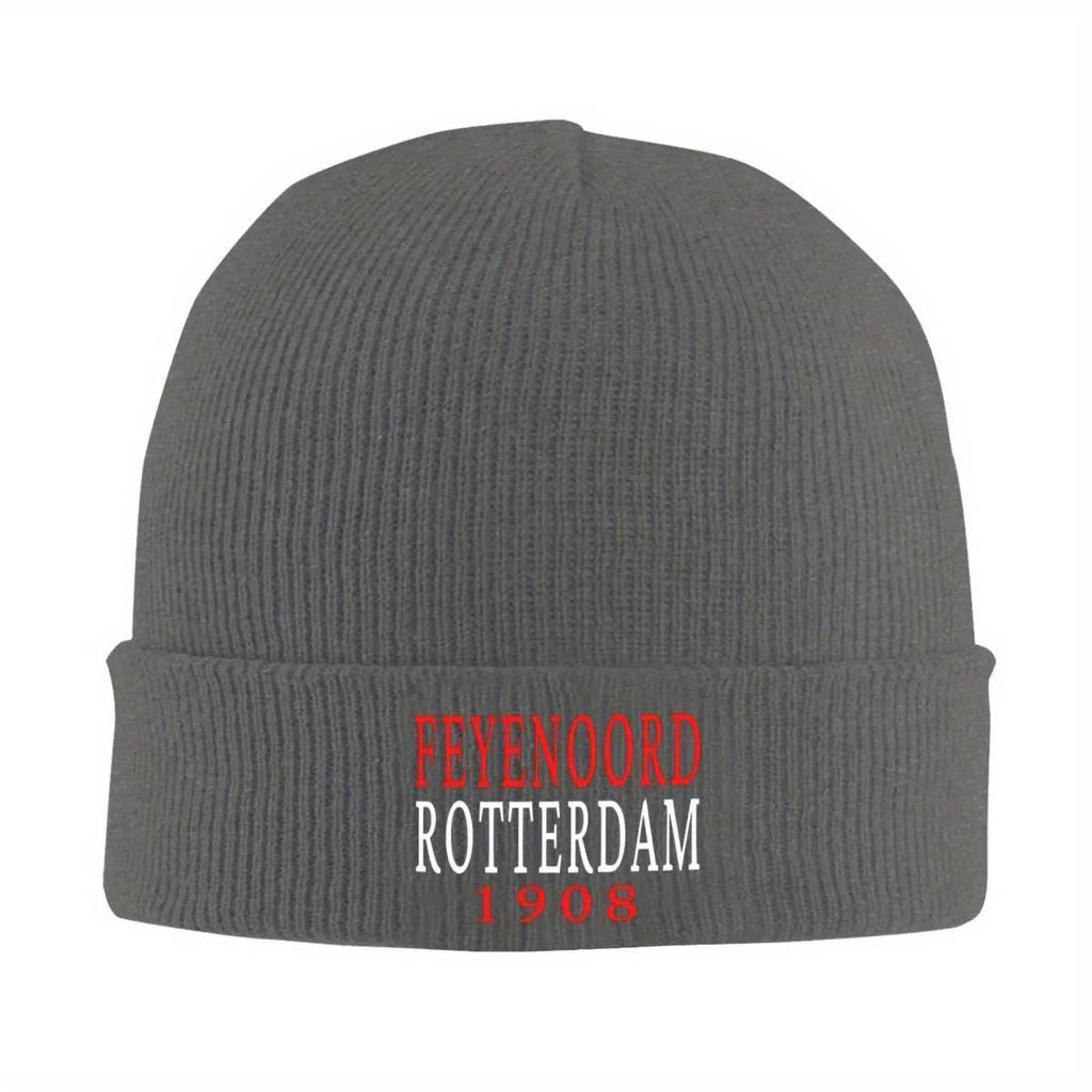 F-Feyenoord Mützen Rotterdam 1908 Text Vintage Kappen Herren Damen Kpop Strickmütze Herbst Bedruckte Elastische Mütze
