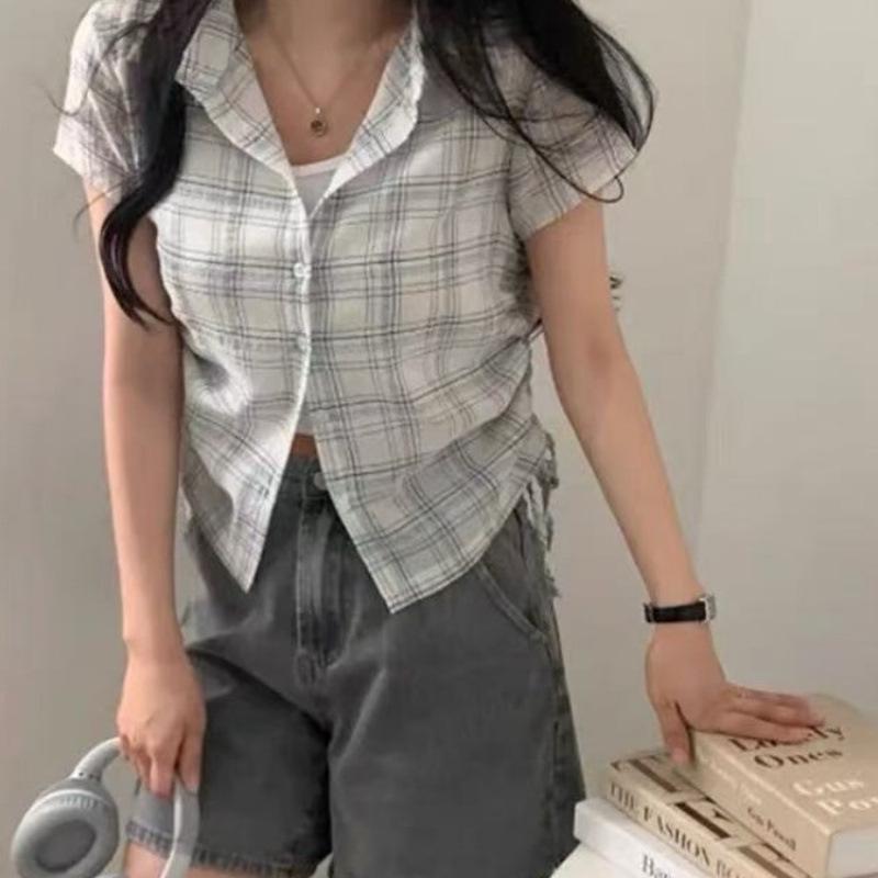 Women's Korean Style Plaid Short-Sleeve Shirt with Gathered Hem and Drawstring for a Youthful Look