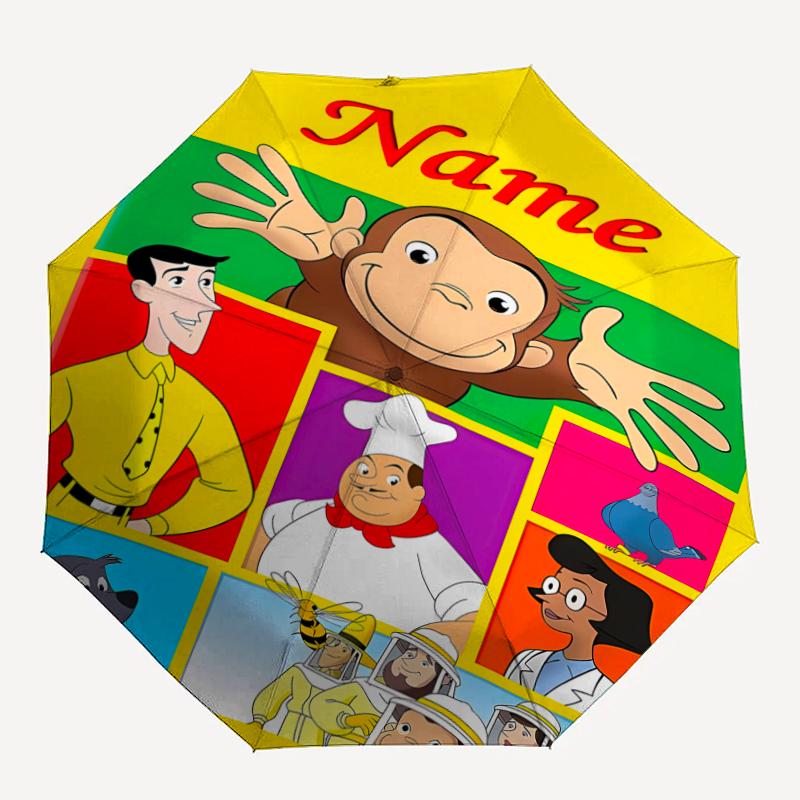 Custom Name Curious George Theme Automatic Umbrella, Lightweight & Portable, 8 Rib, Perfect for Outdoor Travel, Birthdays, Christmas, Gifts.