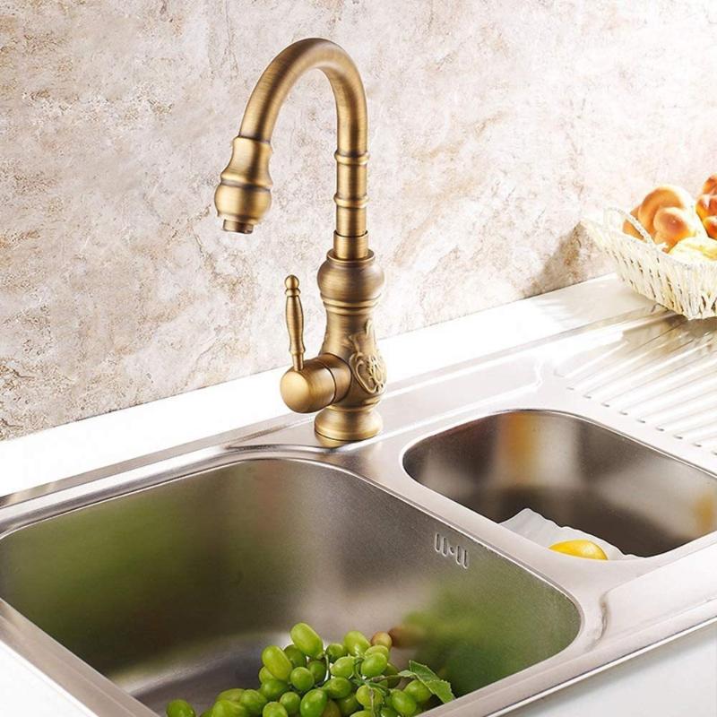 Antique Kitchen Faucets Deck Mounted Single Handle Hot Cold Vessel Sink Mixer Tap Brass 360 Degree Kitchen Bathroom Taps