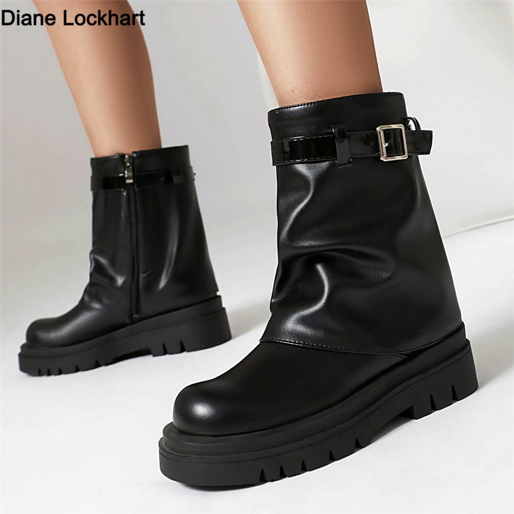 Fashion Designer Platform Flat Boots Women New Winter Fold Gothic Boot Buckle Zipper Fashion Brand Designer Ankle Boots Black White