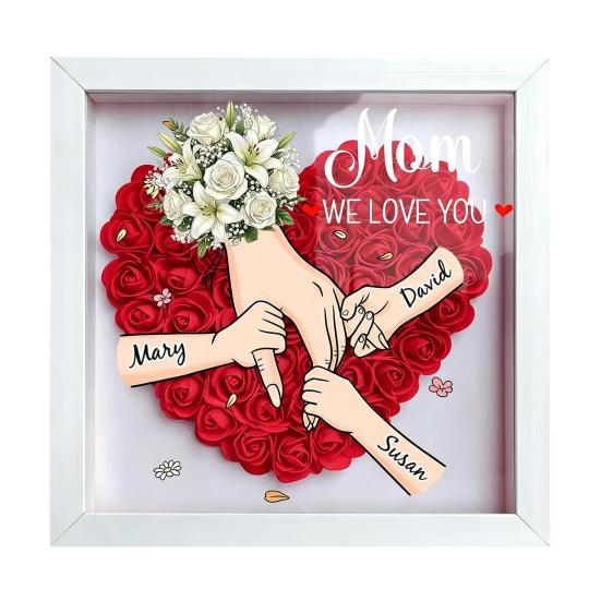 Personalisierte Mommy Ich Liebe Dich Blume Schattenbox Benutzerdefinierte Namen Händchen haltend Rahmen Geschenke für Mama Oma von Tochter oder Sohn am Muttertag