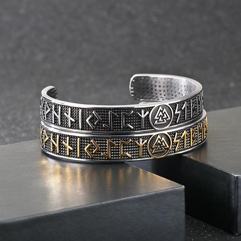 Vintage Viking Rune Texture Bracelet Nordic Mythical Triangle Personalized Men's Stainless Steel C-shaped Handpiece