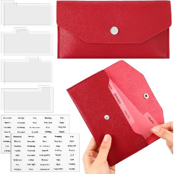 Frienda 1 Cash Envelope Wallet PU Leather Reble Budget Envelope 8 Cash Dividers 2 Sheets Category Sticker Labels for Wallets Bill Planner(Black