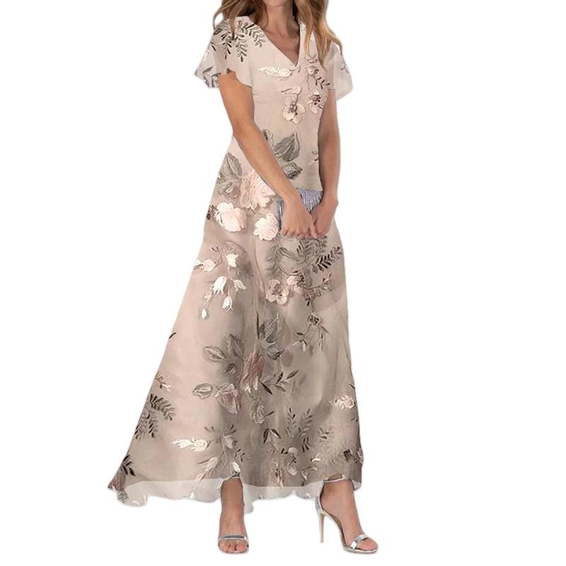 Summer new big pendulum long dress V-neck short-sleeved printed chiffon dress