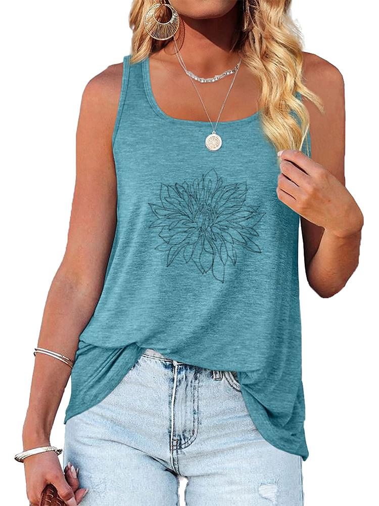 Women Fashion Floral Printed Tank Top Summer Casual O Neck Sleeveless Shirt