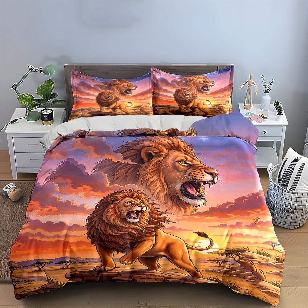 Majestic Lions Sunset Art Bedding Duvet Cover Set Duvet Cover Pillowcases (1*Duvet Cover 2*Pillowcases, Without Duvet Insert)