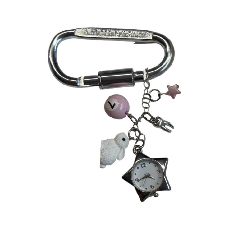 Unique Rotating Star Keychain Accessory With Time Display Stainless Steel Alloy Gift Timepiece Pendant Keyring белый