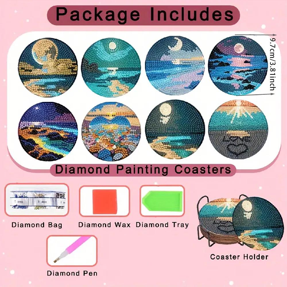 8 Pieces/set of Diamond Painted Landscape Patterned Coasters,DIY Coasters with Holders,Suitable for Beginners and Adults, Art and Craft Supplies Gifts
