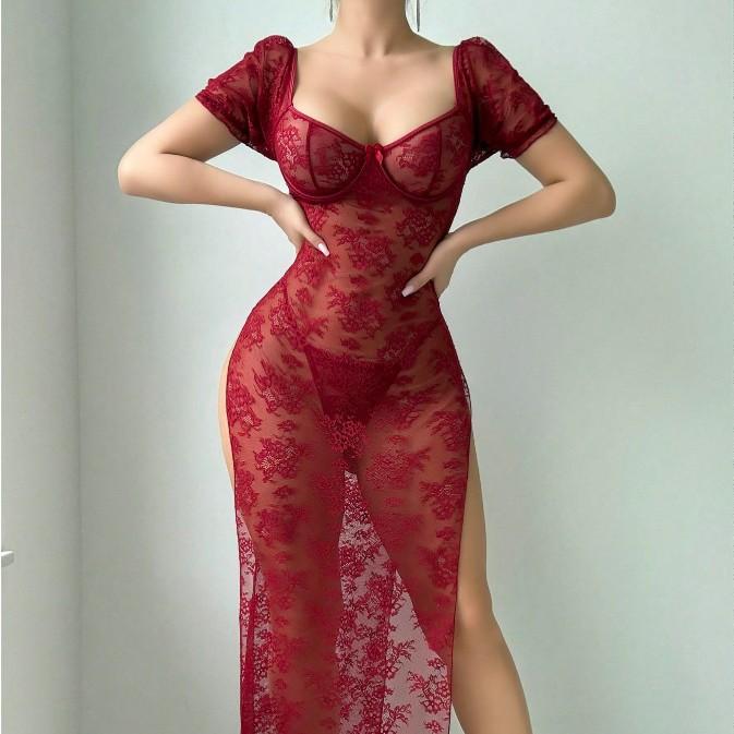 European and American Large-size Sex Underwear Lace Perspective Mesh Suspender Temptation Slit Dress