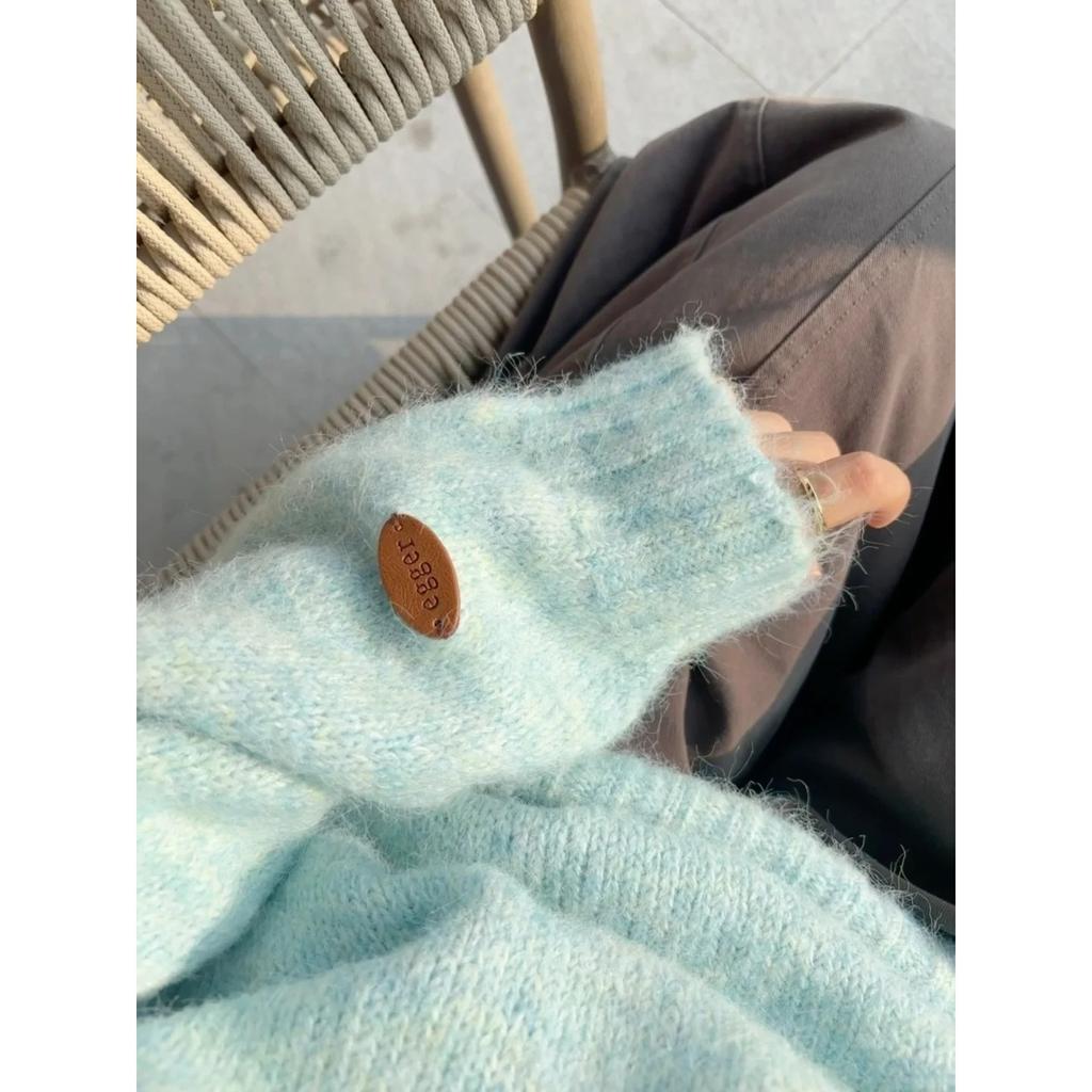 Macaron Thickened Sweater Women's Retro Autumn and Winter Lazy Wind Henry Neck Pullover Button Long Sleeve Knitted Top