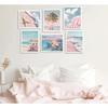 6Pcs Summer Beachy Wall Art Fresh Pink Tropical Ocean Art Print Beach Chairs Starfish Surfboard Palm Tree Wall Decor Retro Coastal Canvas Picture Bus