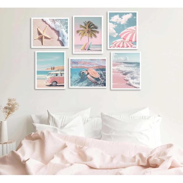 6Pcs Summer Beachy Wall Art Fresh Pink Tropical Ocean Art Print Beach Chairs Starfish Surfboard Palm Tree Wall Decor Retro Coastal Canvas Picture Bus