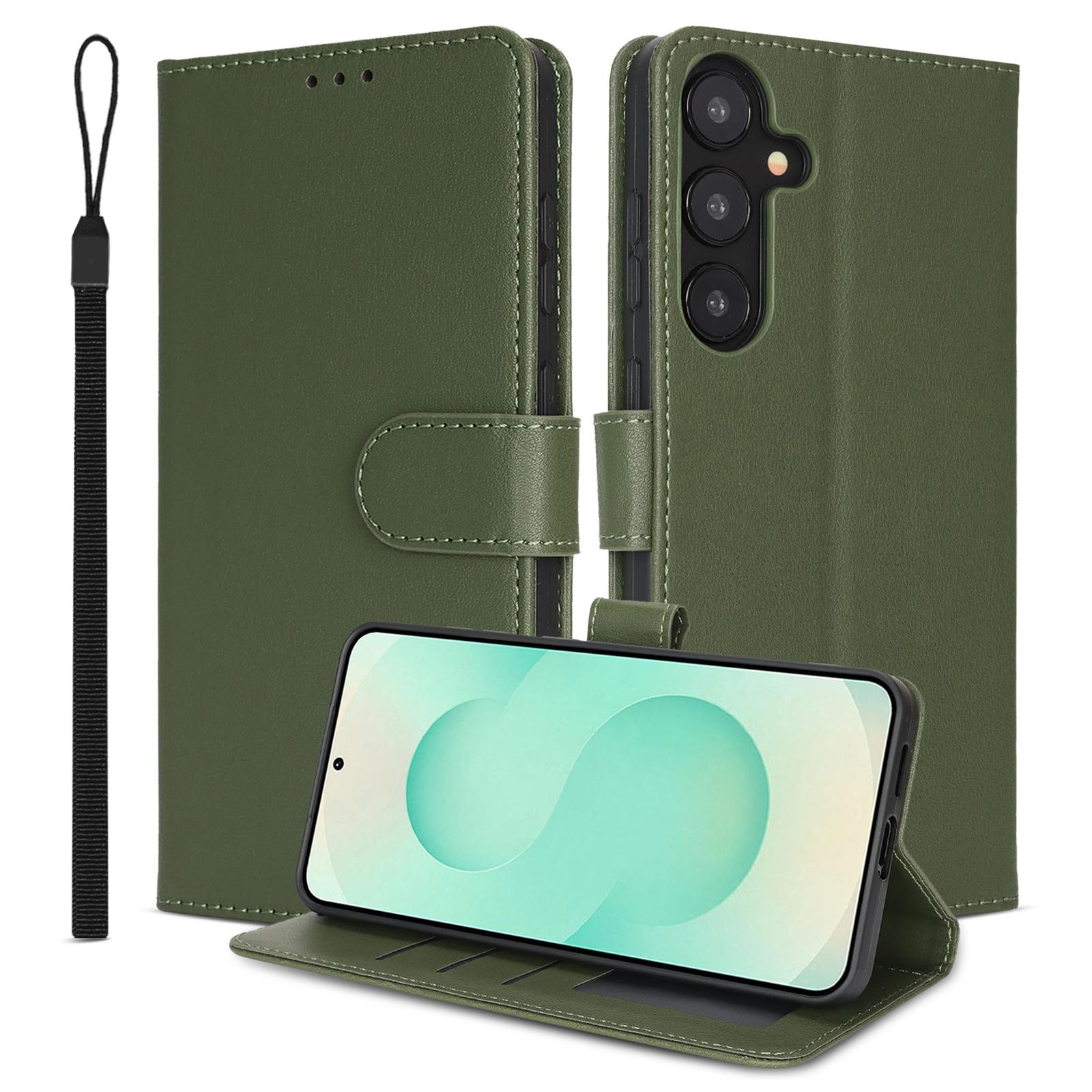 

For Samsung Galaxy A56 5G Case RFID Blocking Flip Leather Phone Cover with Wrist Strap Green