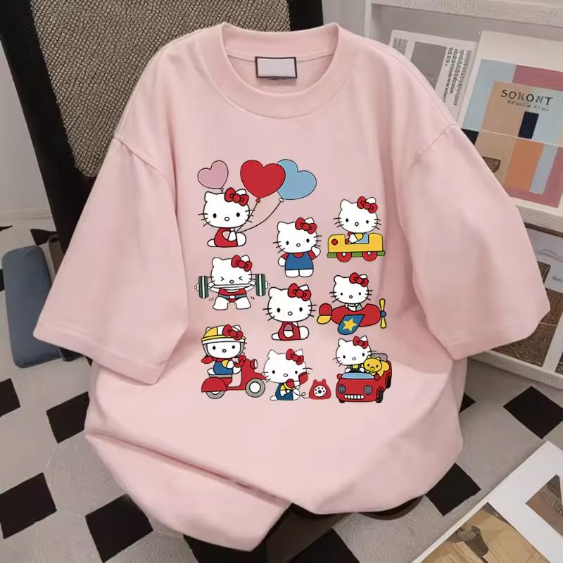 Hello Kitty Kawaii Pamuklu Tişört Sanrioed Anime Moda Kadın Üst Yazlık Günlük Sokak Kişiselleştirilmiş Tatlı Kız Üst Tişört