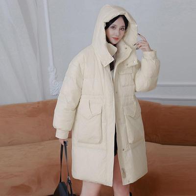 Dames Middellange Lichtgewicht Donsjas Herfst Winter Oversized Capuchon Losse Rechte Witte Eendendons Jas Opstaande Kraag Grote Zak Effen Kleur