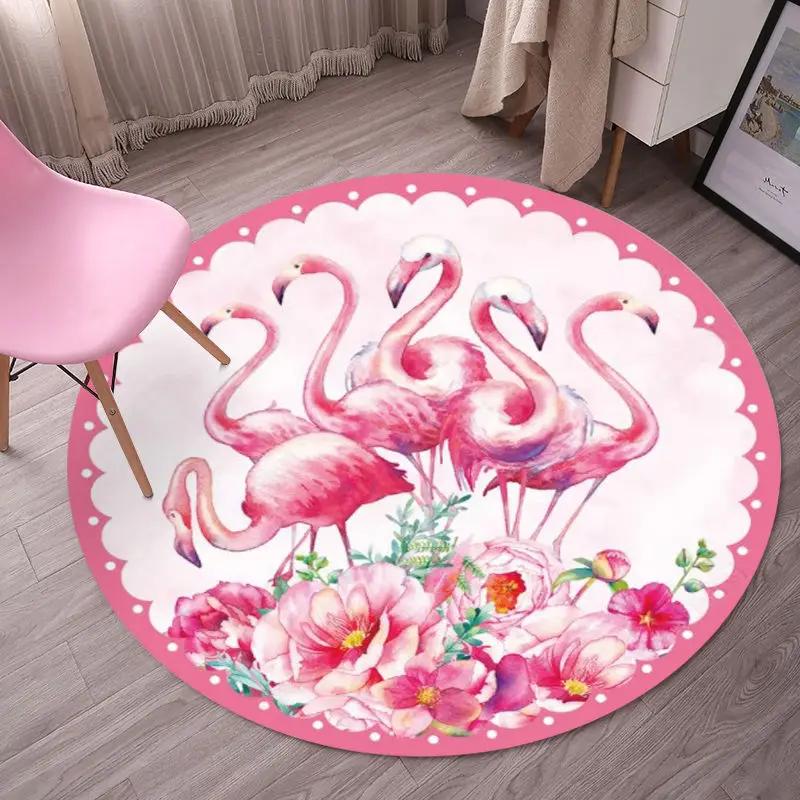 Cartoon Flamingo Print Round Carpet Living Room Anti-slip Rugs Camping Picnic Mat Yoga Mat Kids Bedroom Decor Outdoor Rug
