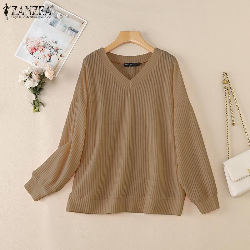 ZANZEA Lässige, einfarbige Bluse mit langen Ärmeln und V-Ausschnitt für Damen