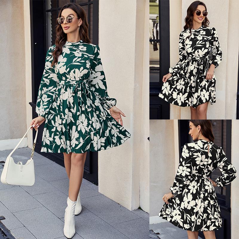 Women's Floral Print Long Sleeve Mini Dress Mock Neck Tie Waist Pleated A-Line Casual Dress for Daily Office Party