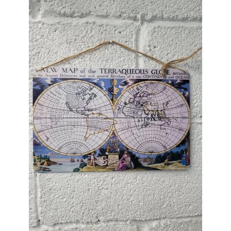 Vintage World Map Tin Sign, Antique Metal Wall Decor