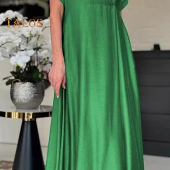 Frühlingskleid für Damen, V-Ausschnitt, kurze Ärmel, lockere A-Linie, reine Farbe, knöchellang, Maxikleid, plissiert, für Abschlussball, Party, Dating