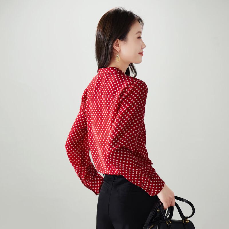 SOFSIL 2026 Spring French Red Polka Dot Draped Silk Blouse