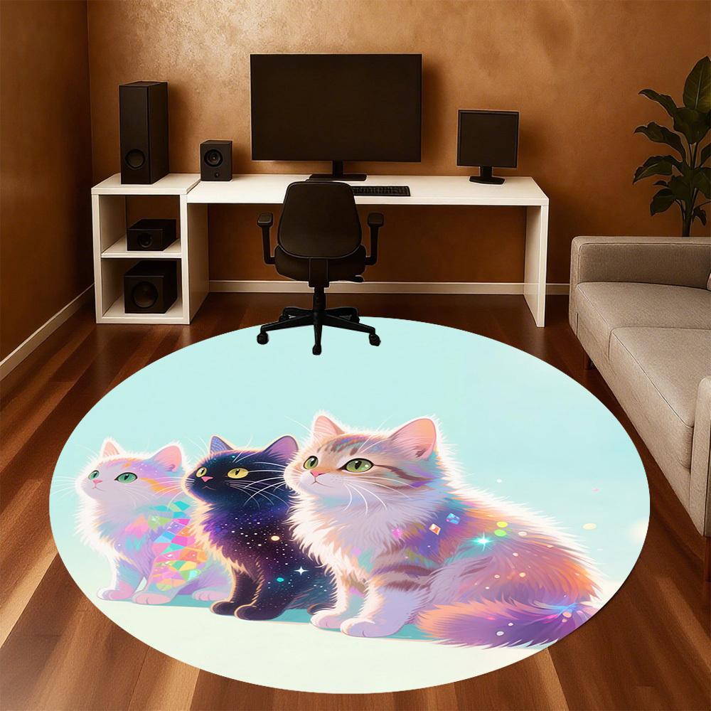 1PC Cats Rainbow Sparkle Round Chair Mat Area Rug - Non-Slip, Floor Mat for Office, Bedroom, Home Decor Christmas Gift C0528065