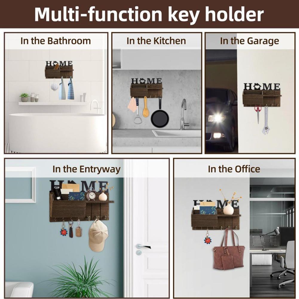 Wooden Key Holder for Wall Multifunctional Rustic Mail Organiser with Shelf for Entryway Hallway