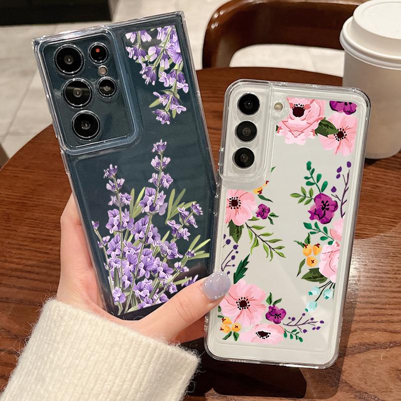 Flower Print Transparent Phone Case For Samsung Galaxy S25 S24 S22 Ultra S23 S24 FE A17 A56 A16 A36 A26 A55 A15 A25 A54 5G Shockproof Soft Back Cover