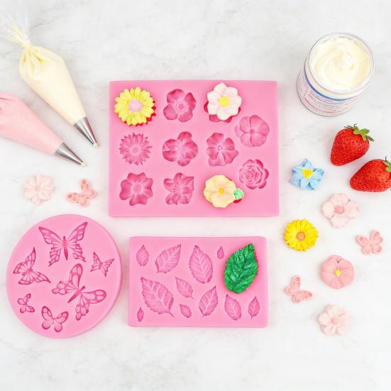Yousheng 3Pcs Flower Leaf Butterfly Silicone Mold for Cake Decorating DIY Chocolate Candy Fondant Craft Baking Mold Flexible Easy Release Jelly