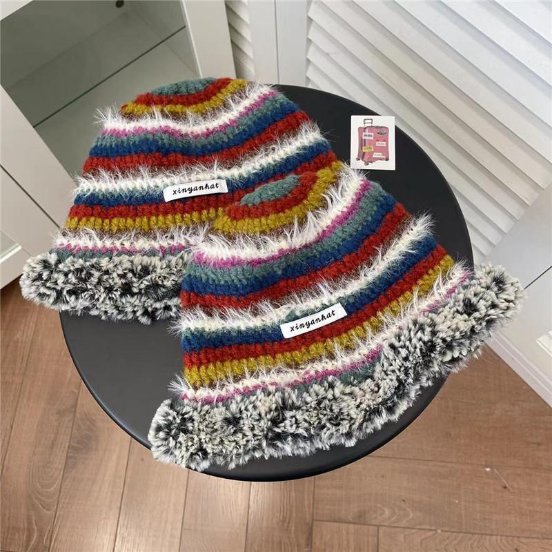 Autumn and Winter New Knitted Bucket Hat Women's Niche Contrasting Color Striped Plush Warm Ear Protector Washbasin Hat