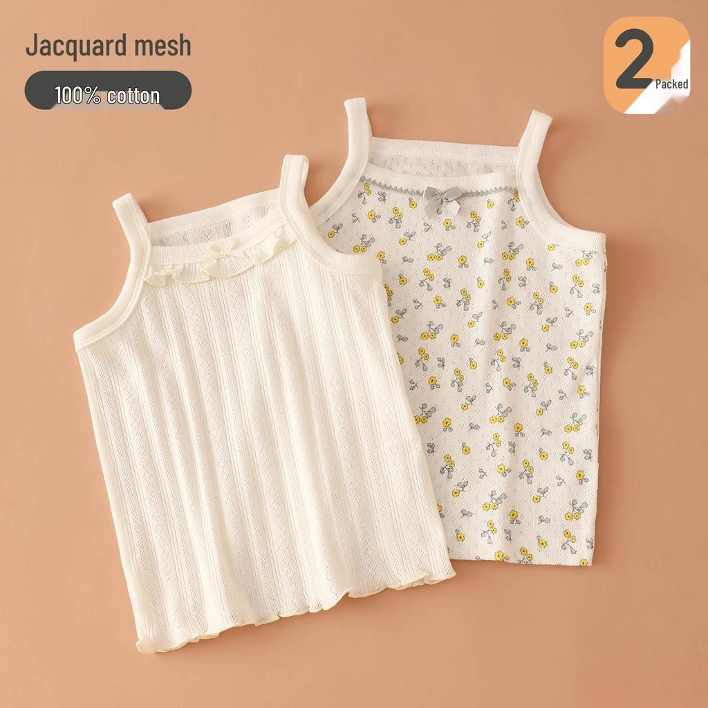 2-Piece Girls' Cotton Tank Top Summer Mesh Vest Sleeveless Pajama Baby Tops