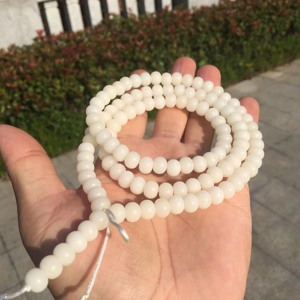White Jade Bodhi Root 108 Beads Barrel & Apple Shaped Buddhist Bracelet