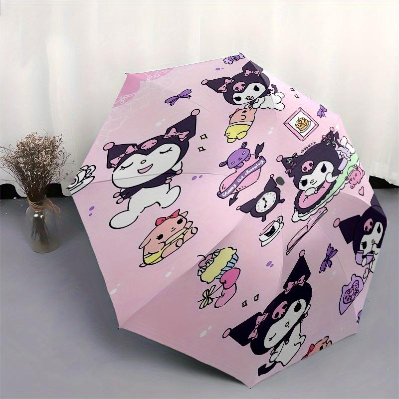 Kuromi Automatic Folding Umbrella-Simple 8-Rib Design, Bright Cartoon Pattern, Durable Iron Frame, Suitable For Travel, Outdoor, Beach-Cute
