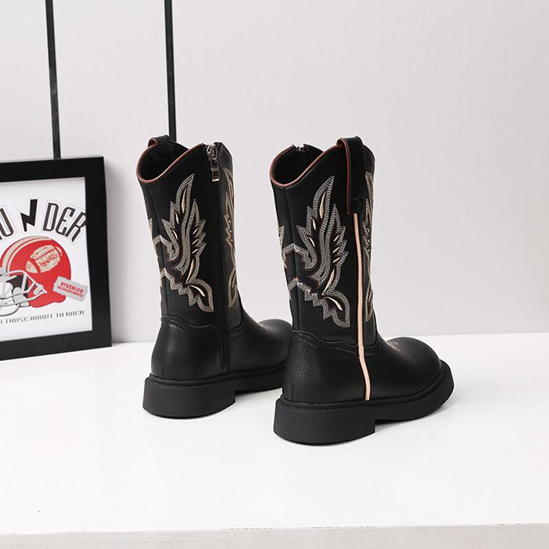 Children's Retro Brown Embroidered Chelsea Boots - Soft Sole Mid-Calf Denim Leather for Girls