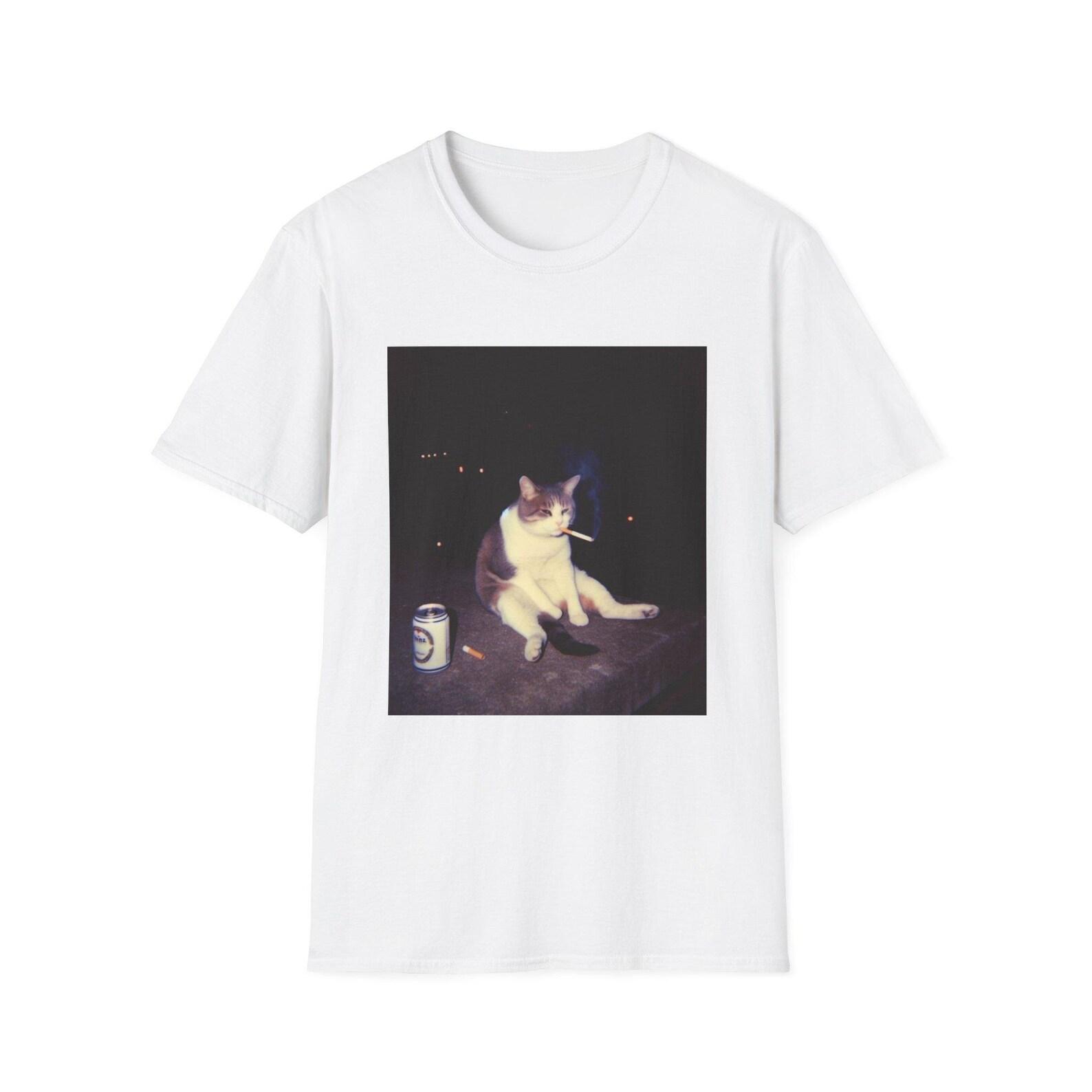 Chill Cat Smoking Photo T-Shirt | Retro Nighttime Aesthetic 2XL