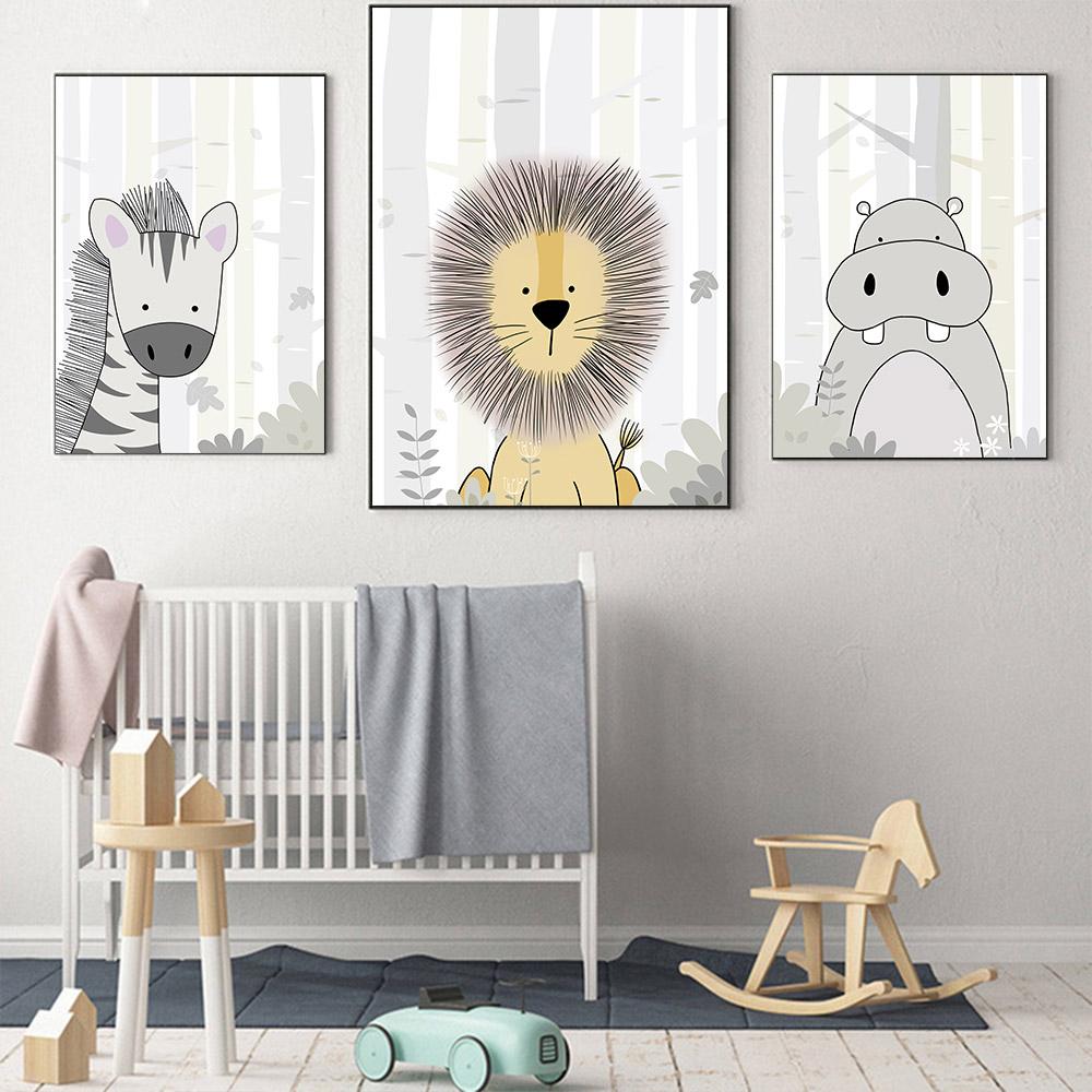 Hippo Zebra Lion Woodland Animal Print Baby Nursery Art Canvas Poster Nordic Wall Art Paintings Boy Kids Room Decorative Picture No Frame