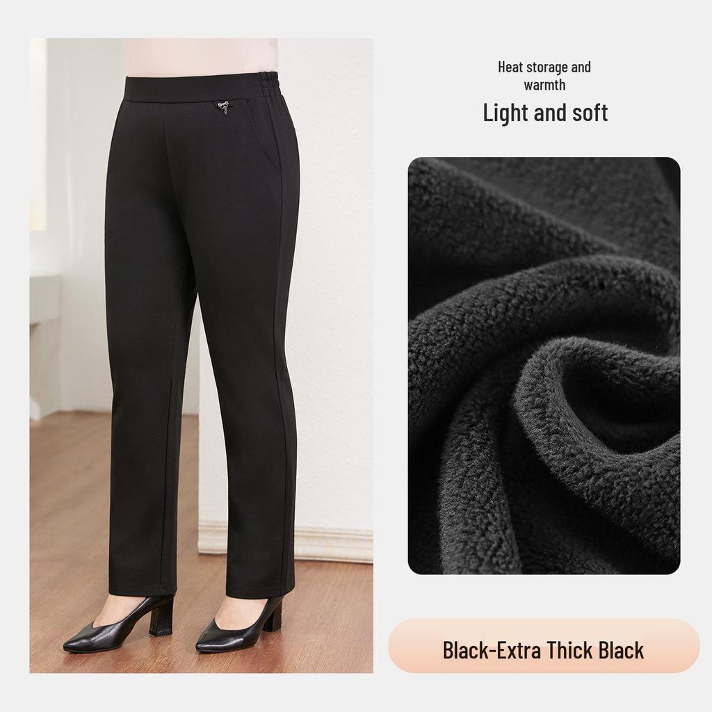 Plus Size Fleece-Lined Black High Waist Pants for Women - Stretchy, Casual, Perfect for Autumn and Winter. Ideal for Middle-Aged and Elderly Ladies.