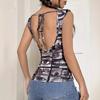 Women's Summer Elegant Special Printing Hollow Backless Sleeveless T-shirt Slim Thin Tops