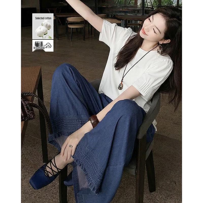 Demana Women s Elastic Waist Wide-Leg Cropped Denim Jeans S