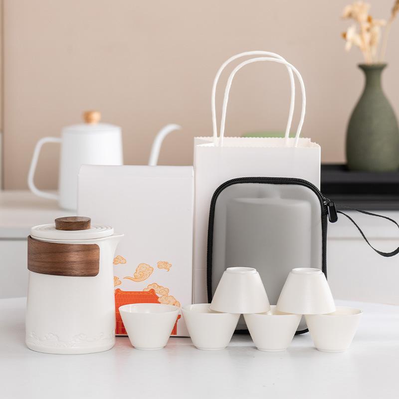 High-grade Suet Jade Porcelain Travel Tea Set, Outdoor Portable Set, Light Luxury Guochao, a Pot of 36 Teacups, Business Gifts