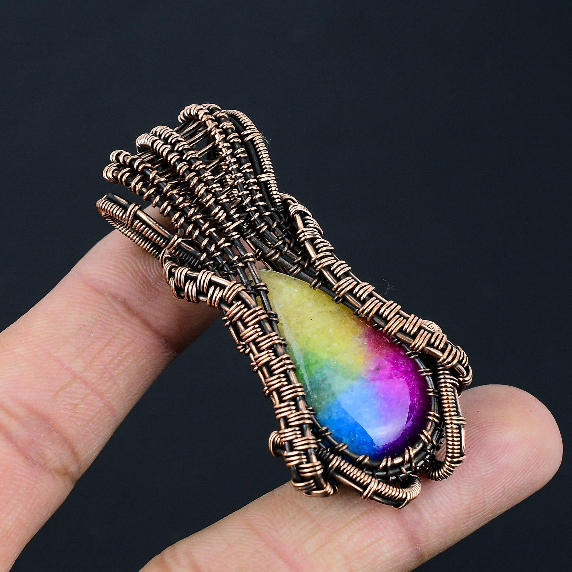 

Радужный солнечный кварцевый драгоценный камень ручной работы медная проволока обертка ювелирные изделия кулон для свадебного подарка 2.40 Inches разноцветный