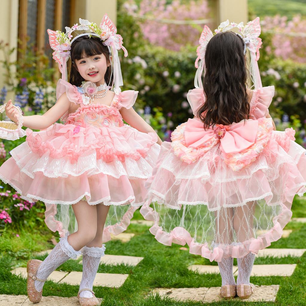 Girl Lolita Princess Dress Summer Lace Children's Super Fairy Flower Fairy Pink Dress Puff Skirt Dress