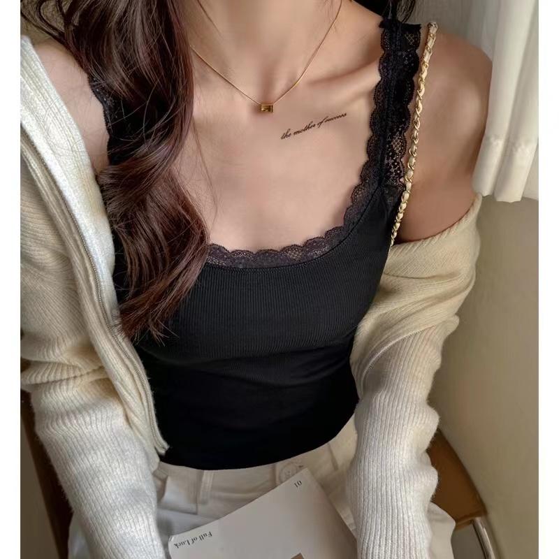 Women's Modal Slim Fit Sleeveless Bottoming Shirt with Lace Edge - Scoop Neck, Thin Section for Spring and Summer